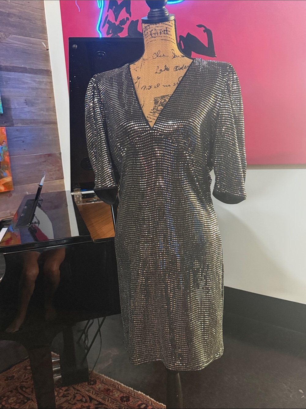 Molly Bracken Silver Sequin V-Neck Midi Dress